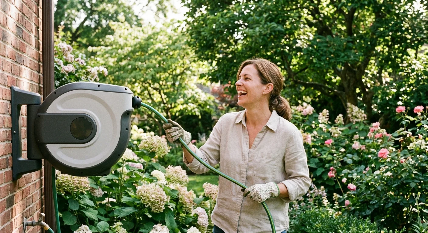 Retractable hose reel mounted near garden beds with hose partially extended