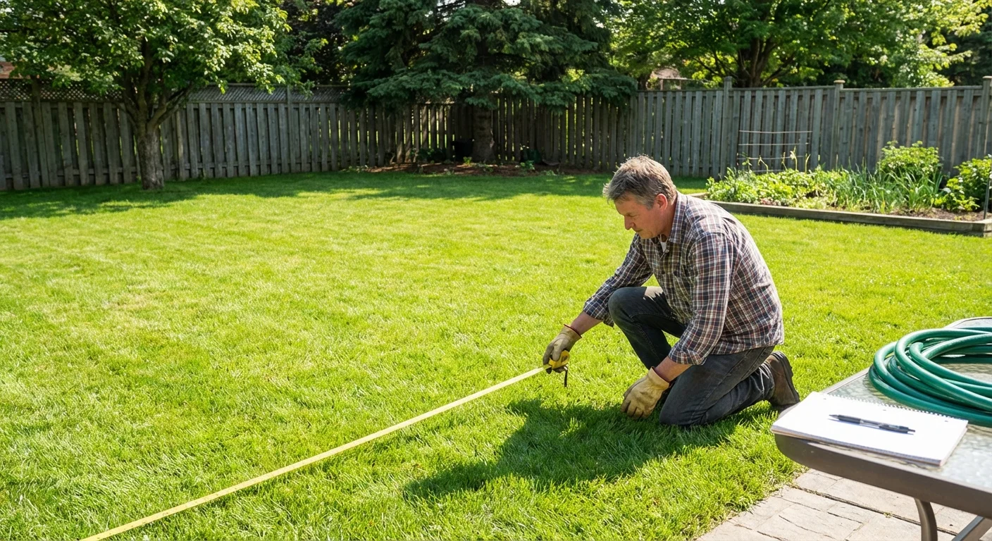 Measuring hose reach from a wall-mounted reel toward garden beds